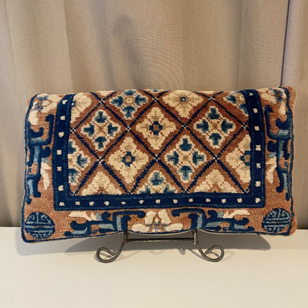 Vintage Turkish Wool Carpet Pillow 24x14‎ Handwoven Blue Brown Accent